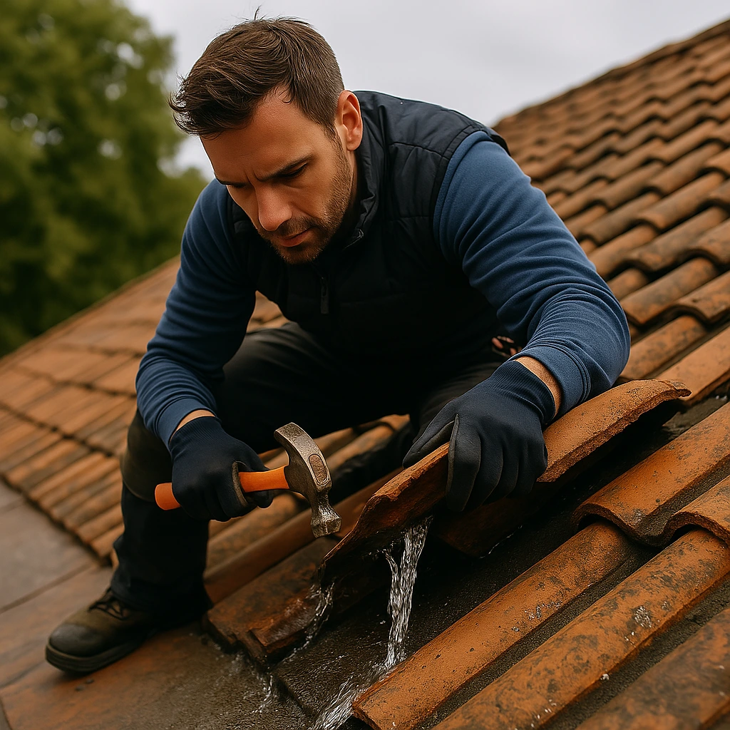 Couvreur à Chasseneuil-sur-Bonnieure réparant une fuite sur une toiture en tuiles