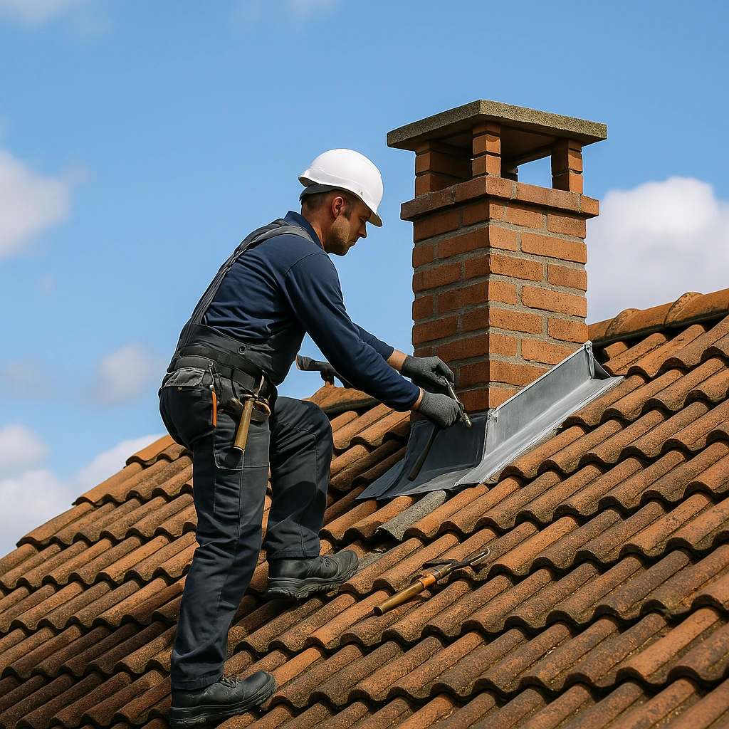 Couvreur à Saint-Palais réparant le solin d’une cheminée sur une toiture en tuiles