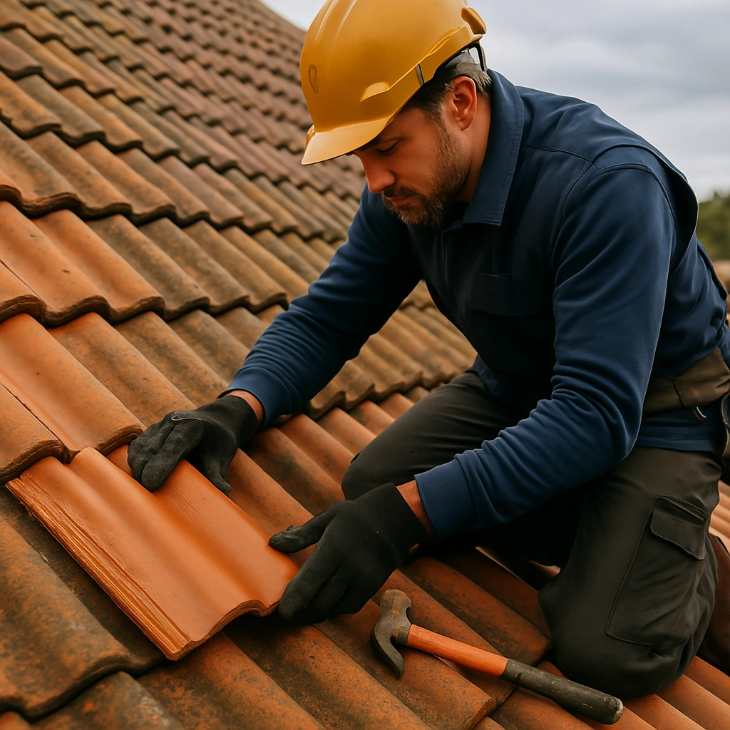 Couvreur à Saint-Yrieix en train de remplacer des tuiles sur une toiture de maison