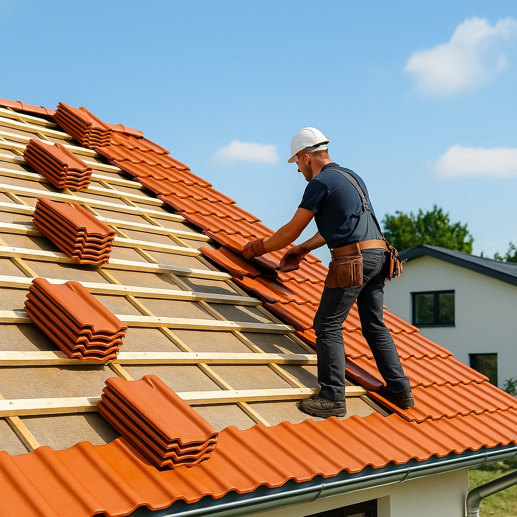 Couvreur à Vaux-sur-Mer posant des tuiles sur une toiture neuve en construction