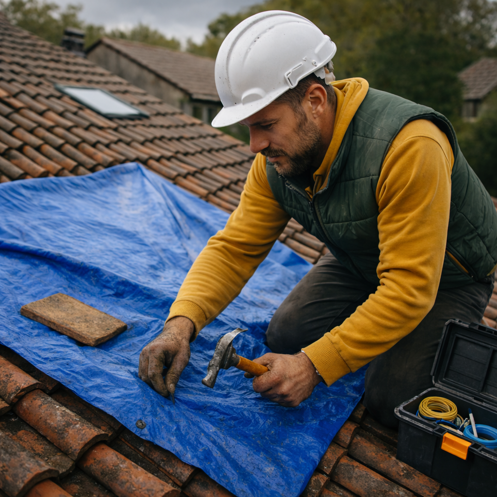 Couvreur protégeant une toiture après intempéries avec une bâche en Charente