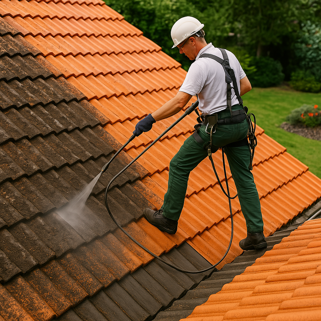Couvreur réalisant le nettoyage de toiture en tuiles avec un nettoyeur haute pression en Charente