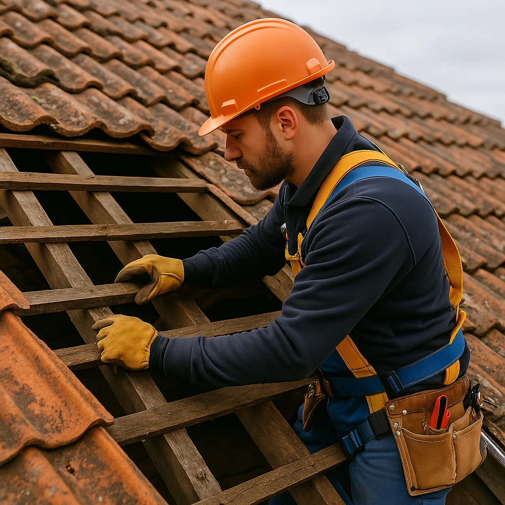Couvreur renforçant une charpente en bois sous toiture à Saint-Georges-de-Didonne