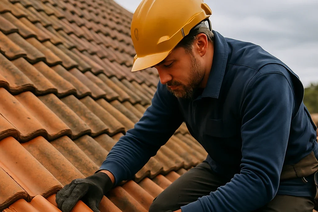 Couvreur remplaçant des tuiles cassées sur une toiture à Le Gua