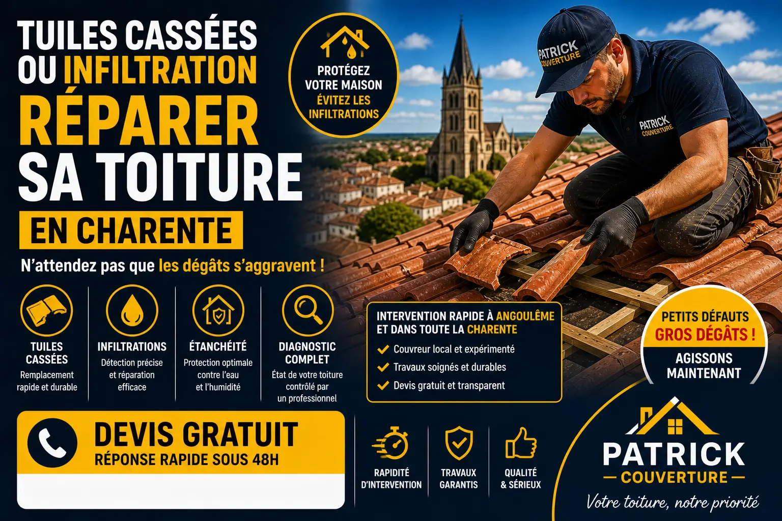 tuiles cassées infiltration toiture Angoulême réparation Charente