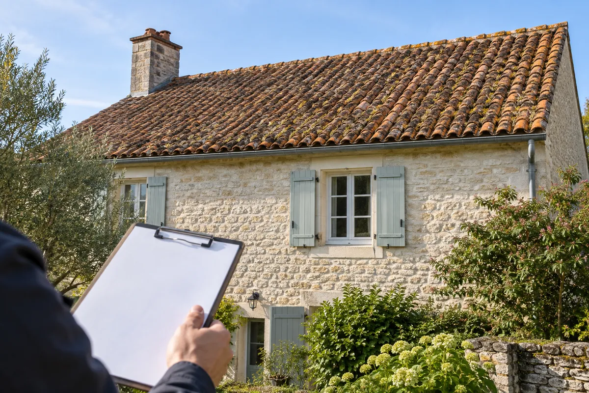 Illustration d’un contrôle de toiture avant achat depuis le jardin d’une maison en pierre