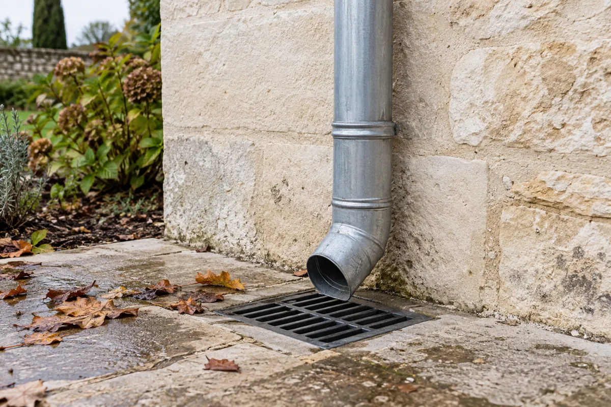 descente-eau-pluviale-illustration Illustration du pied d’une descente d’eau pluviale en zinc près d’un mur en pierre