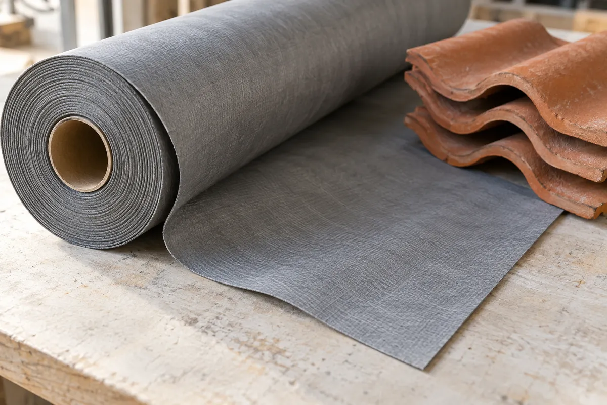 ecran-sous-toiture-illustration Illustration d’un rouleau d’écran sous-toiture gris posé à côté de tuiles