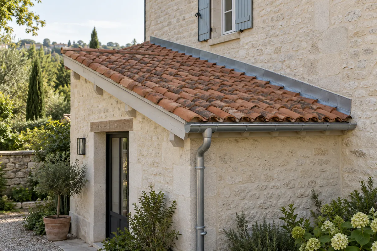 Illustration d’une toiture d’extension en tuiles raccordée à un mur de maison