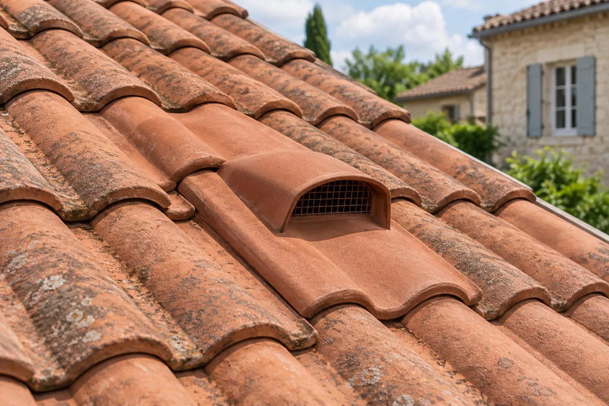 Illustration d’une tuile de ventilation intégrée à une couverture en terre cuite