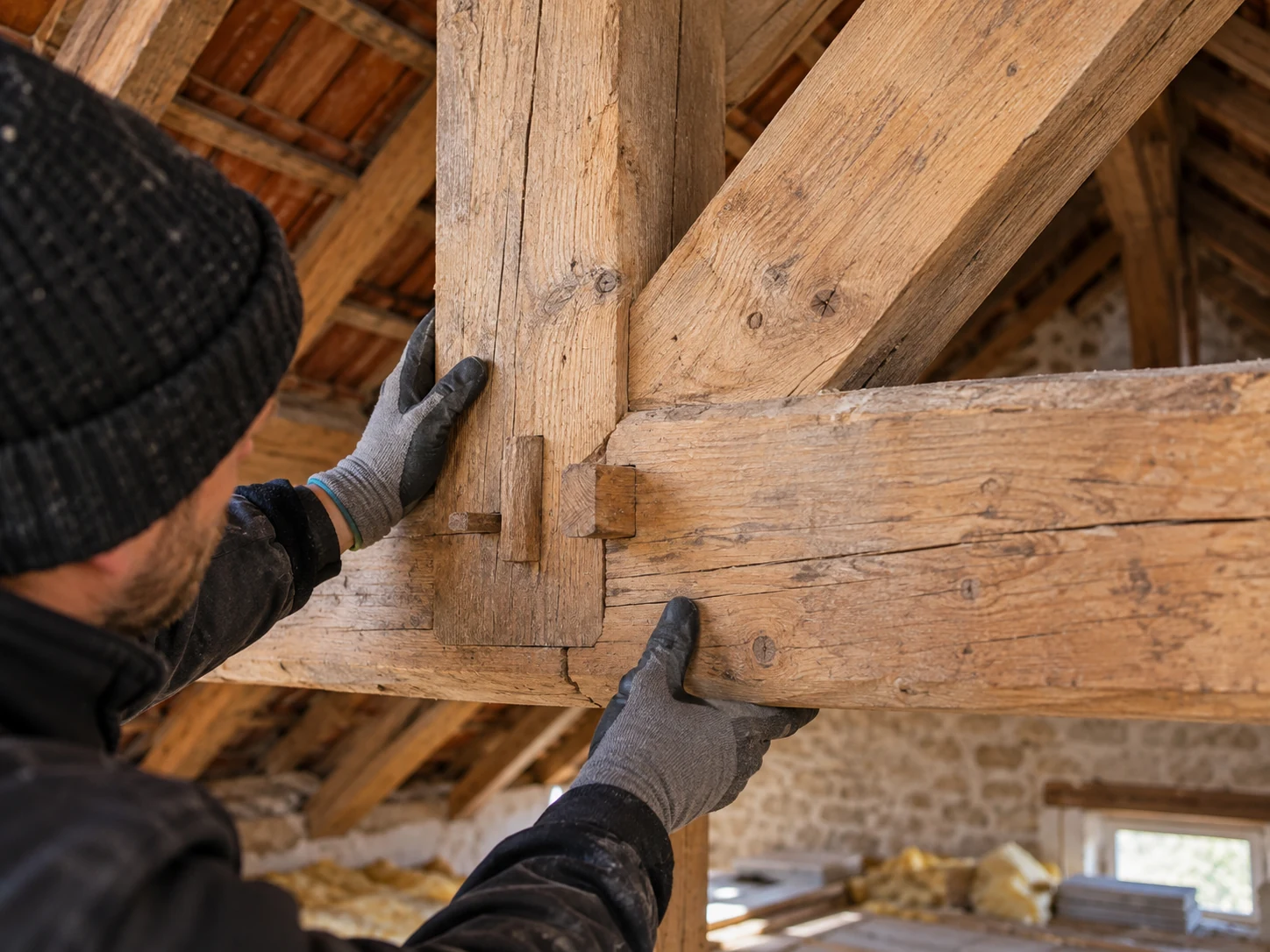 Illustration du contrôle d’un assemblage de charpente en bois.
