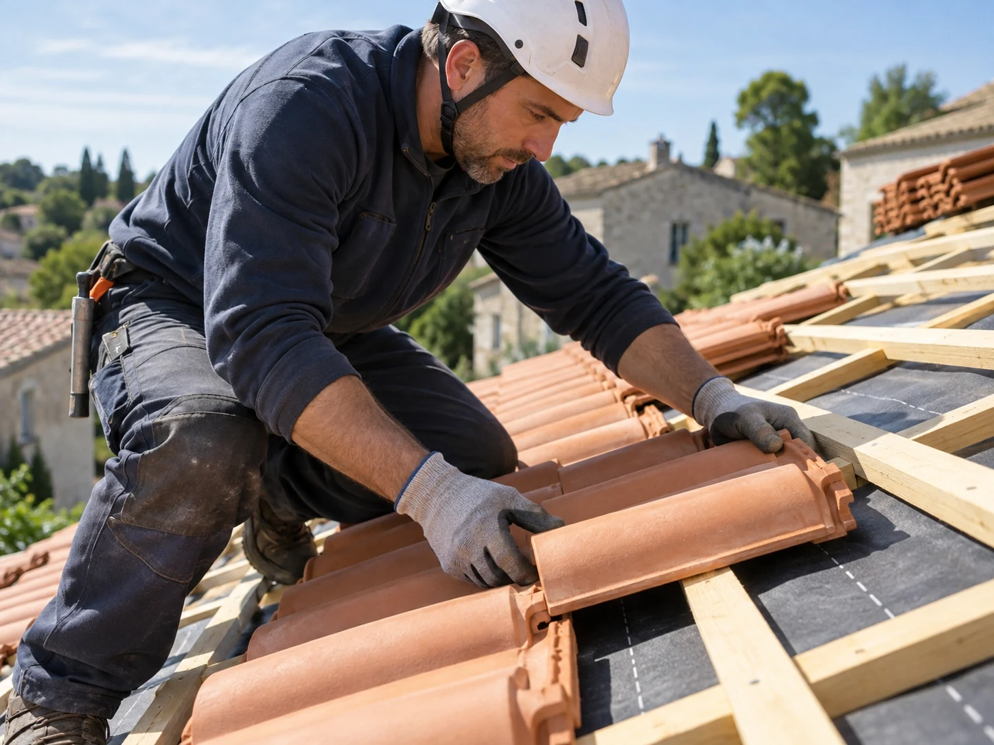 Illustration pour rénovation de toiture à Angoulême : pose de tuiles sur un écran de sous-toiture et des liteaux.